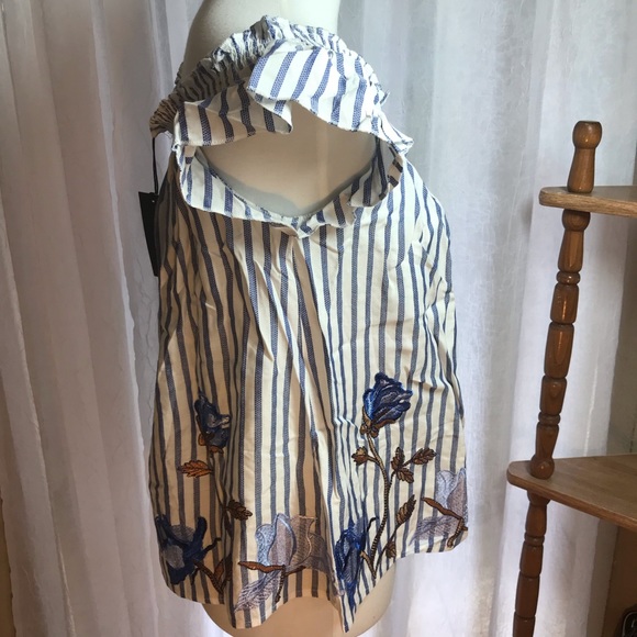 Romeo Juliet Top Shirt Blouse Floral Off Shoulder Peasant Striped Small Blue New - Picture 6 of 7